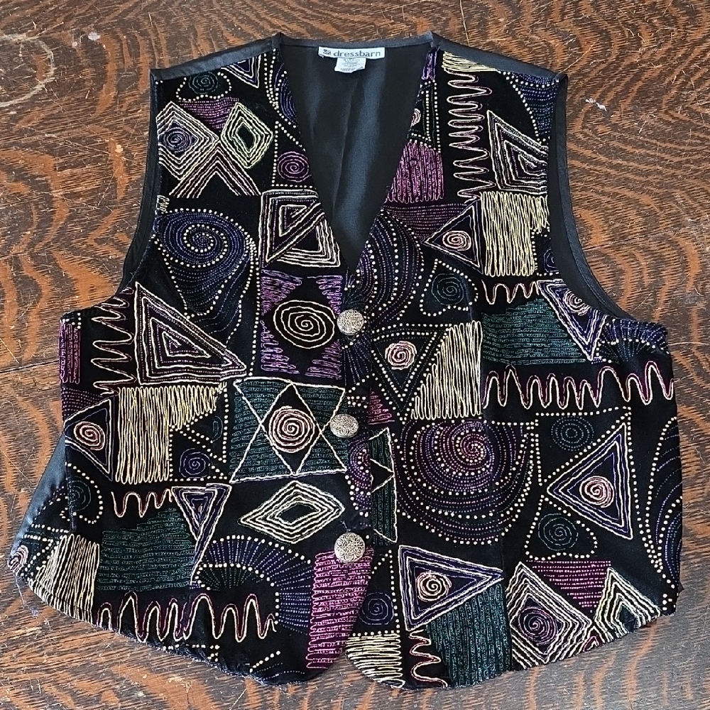 Dressbarn Black Geometric Colorfil‎ Shiny Vest
